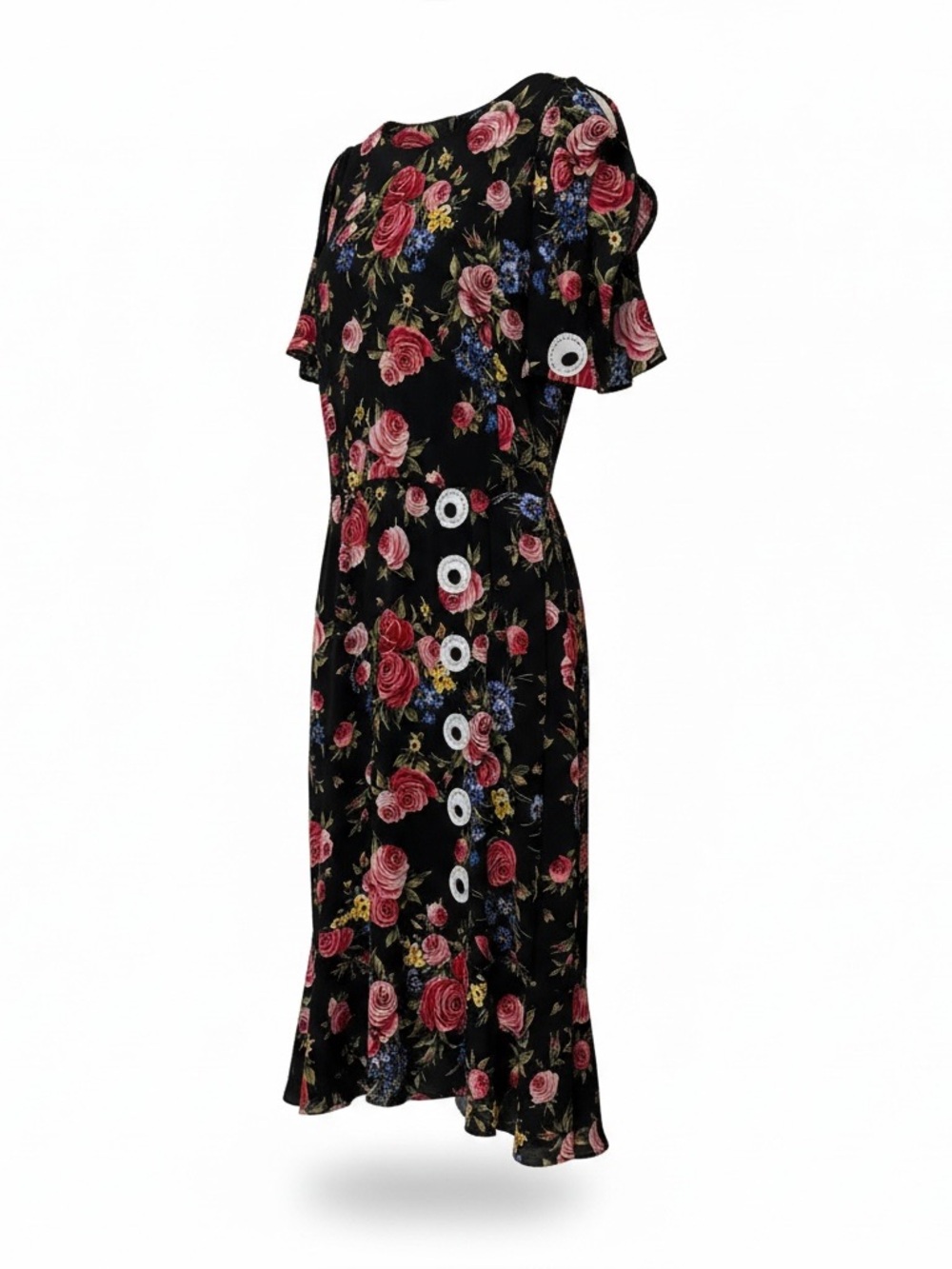 Dolce & Gabbana Black Floral Midi Dress with Pink Rose Print, Size 10/IT 46, EUC